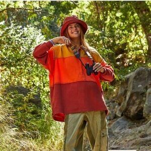 Free People Freda Polo Tunic Shirt in Orange Combo Oversized Size M NWT